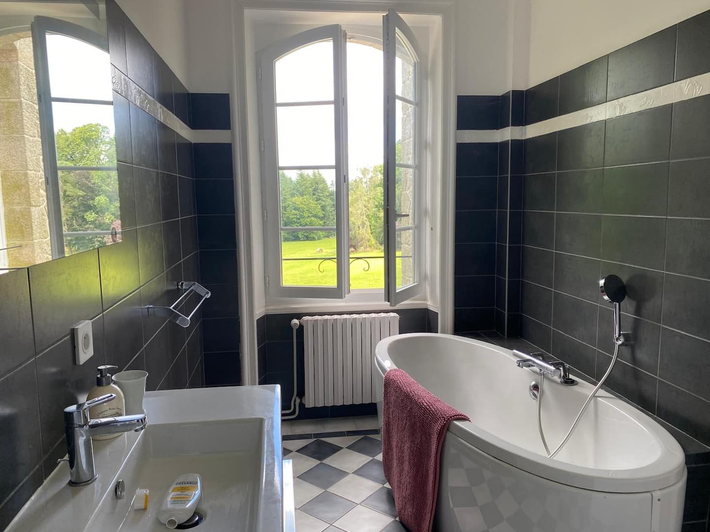 Une baignoire îlot devant la fenêtre sur le parc